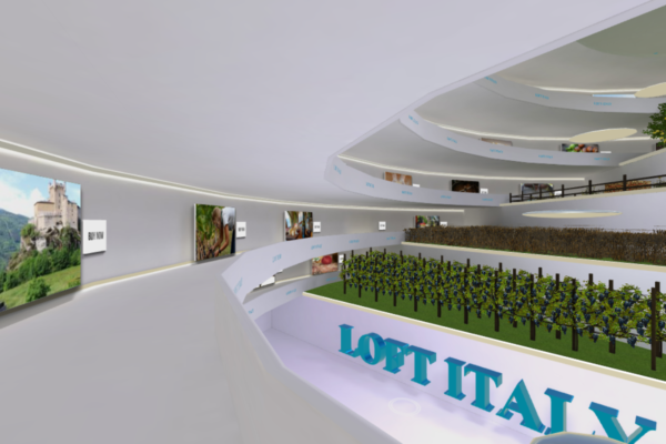 Loft Italy nel Metaverso: turismo enogastronomico virtuale. Vigna e immagini di prodotti italiani.