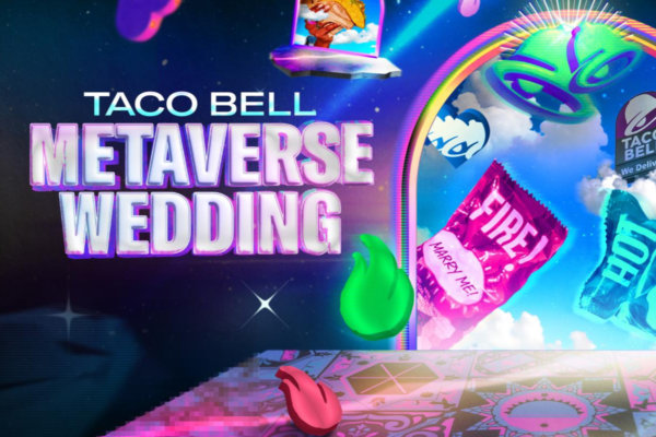 Matrimonio Taco Bell nel Metaverso. Grafica con logo, campane, salse piccanti e elementi digitali.