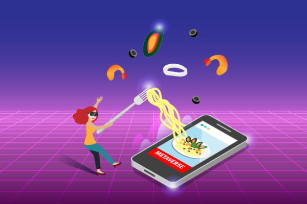Metaverso ristorazione: donna VR con forchetta pesca spaghetti da smartphone. Cucina italiana nel futuro.