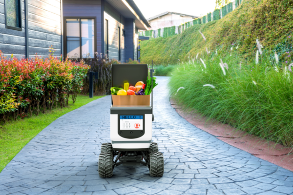 Robot consegna Grubhub con cibo. Consegne robotizzate nei campus universitari USA.