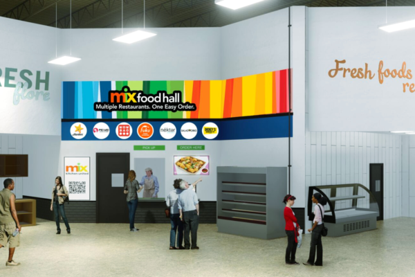 Kroger dark kitchen: Mix Food Hall con ristoranti multipli e area pick-up.