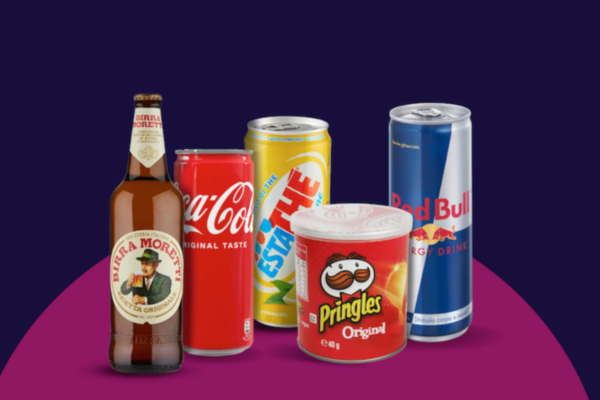 Bevande e snack per Horeca: Birra Moretti, Coca-Cola, Estathé, Pringles, Red Bull.