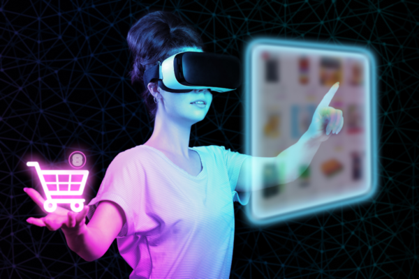 Donna con visore VR nel metaverso. Shopping virtuale, storytelling immersivo.