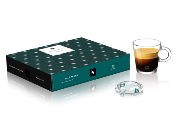 Caffè Nespresso Galapagos: confezione, capsula e tazzina di espresso.