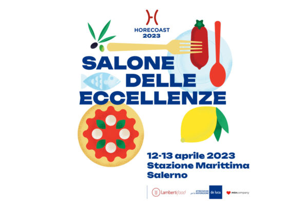 Locandina HoReCoast 2023 Salerno: salone delle eccellenze horeca con pizza, pesce, limone, pomodoro e oliva.