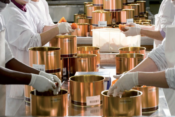 Lavorazione Agrimontana: personale seleziona frutta fresca per conserve di alta qualità. Polo del Gusto e Università di Pollenzo.