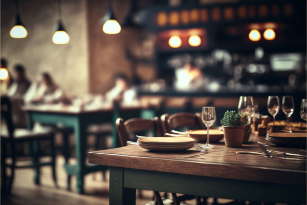 Interno ristorante: tavoli apparecchiati, luci soffuse. Ristorazione e ospitalità italiana.