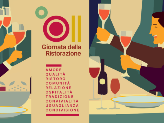Celebrazione della ristorazione italiana: brindisi, vino e convivialità.