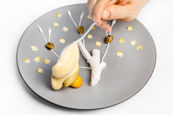 Dessert Albero di arance e zabaione alla sambuca di Enrico Bartolini al Mudec. Cucina gourmet.