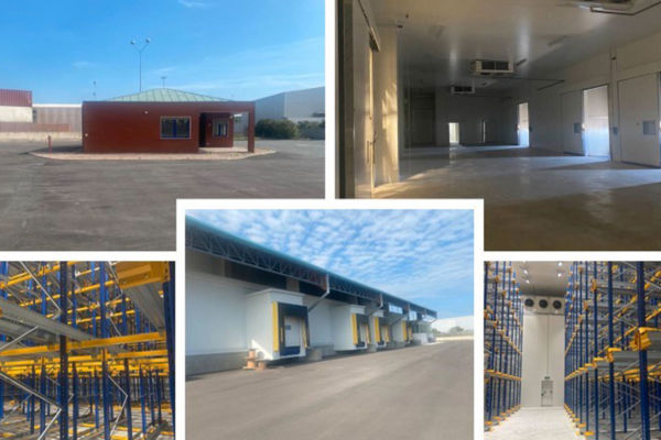 Nuovo hub del freddo Pregis all'interporto di Livorno: esterni, interni e scaffalature del magazzino refrigerato.