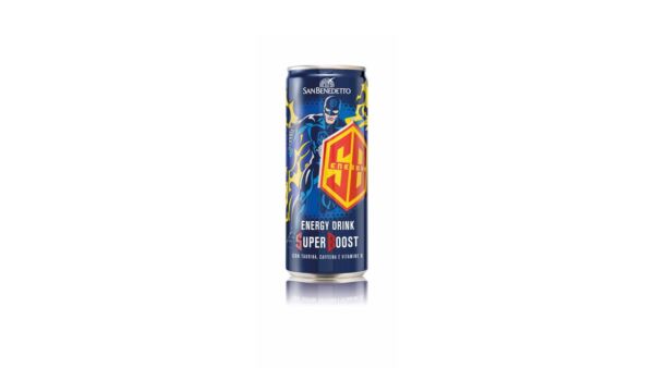 Lattina San Benedetto Super Boost. Nuovo energy drink con caffeina e vitamine.