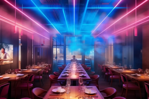 Ristorante futuristico con luci neon rosa e blu. Tavoli imbanditi, design moderno. Intelligenza artificiale nella ristorazione.