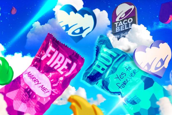 Matrimonio Metaverse Taco Bell: salse Fire e Hot, cuori e logo. Ristorazione innovativa.