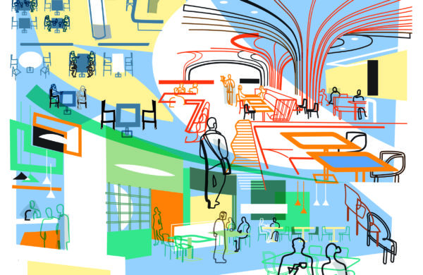 Illustrazione di food court: tavoli, persone e design architettonico. Format immobiliare per ristorazione.