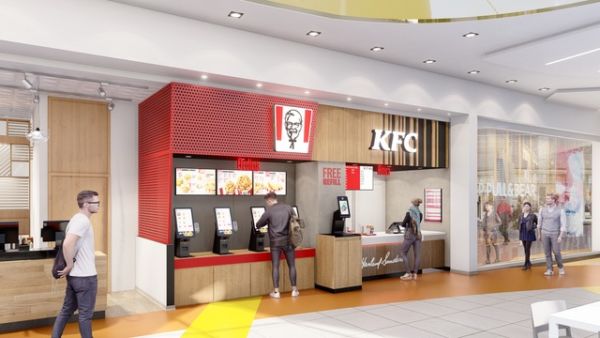 Nuovo ristorante KFC a Pontecagnano, Campania. Design moderno, colori vivaci. Pollo fritto, fast food.