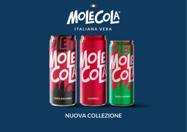 Nuova collezione MoleCola: lattina senza zucchero, classica e senza caffeina. Bevanda italiana iconica.