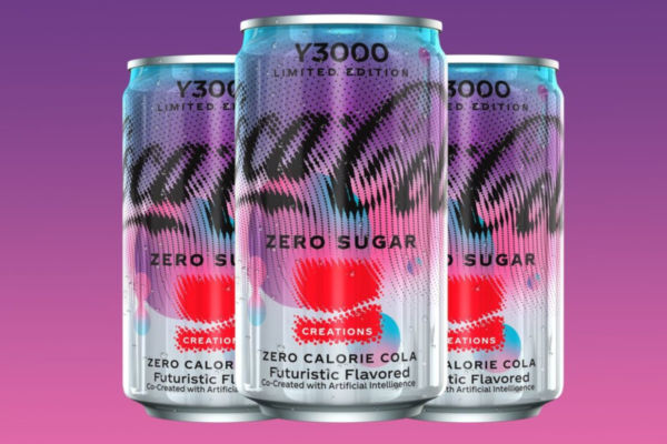 Coca-Cola Y3000 creata con l'IA. Lattine edizione limitata zero zuccheri, gusto futuristico.