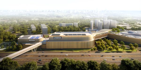Merlata Bloom Milano: vista esterna del nuovo centro commerciale con negozi, cinema e Decathlon.